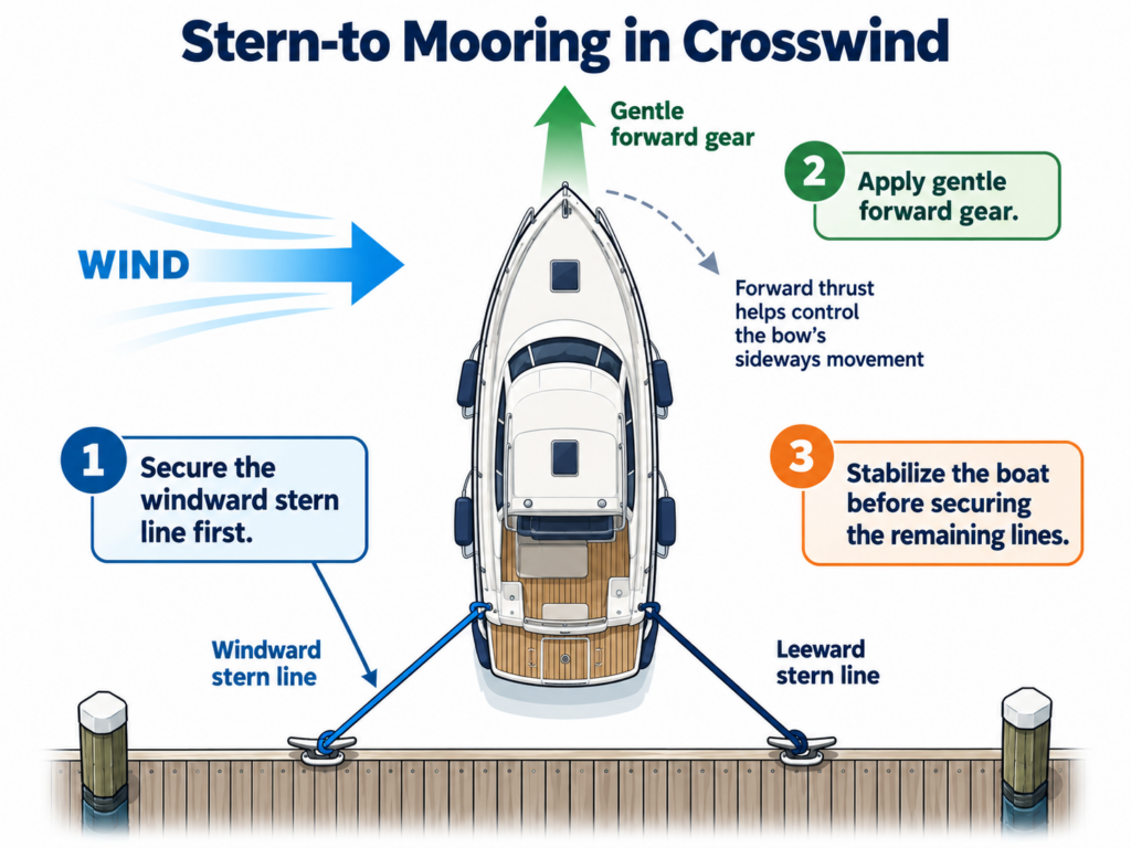 Stern-to mooring in crosswind with windward stern line secured first